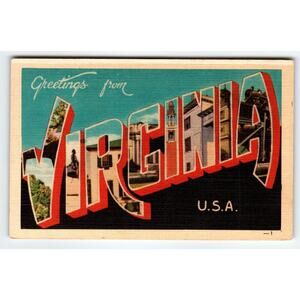 Greetings From Virginia 1940's Vintage Postcard Large Letter Linen Dexter Orig